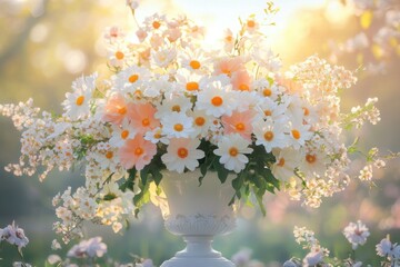 Elegant floral arrangement of daisies and cosmos in a white urn vase in a sunlit garden setting