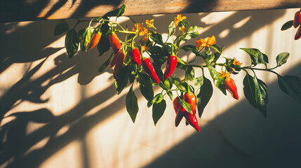 Vibrant Red and Yellow Chili Peppers with Shadows and Sunlight