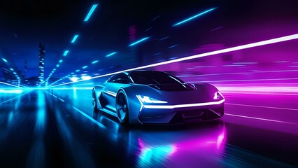 Futuristic Sports Car Speeding Through Neon City at Night