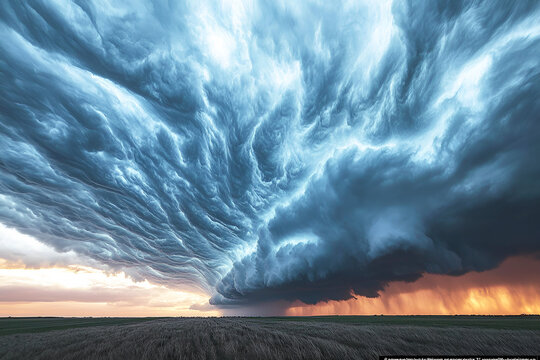 Dramatic storm clouds rolling over flatlands sunset sky