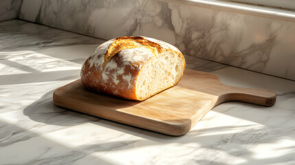 Freshly Baked Artisan Bread on a Wooden Cutting Board in Light