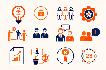 This vector set features business icons and symbols depicting management, team, finance, and communication with business people illustrations for web design concepts