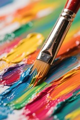Fototapeta premium Artist's paintbrush creating vibrant colorful brushstrokes on artistic surface