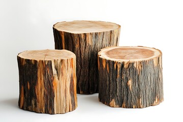 Obraz premium Three Natural Wood Tree Stump Displays on White Background