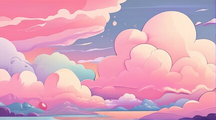 Colorful clouds dominate the serene sunset sky over a tranquil ocean landscape with distant mountains