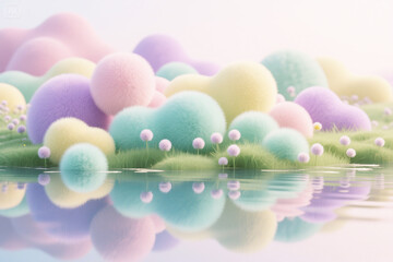 Pastel fluffy balls by a calm lake with dandelions