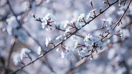 A soft, floral background showcases delicate branches with faded blue blossoms, creating a serene and elegant ambiance.