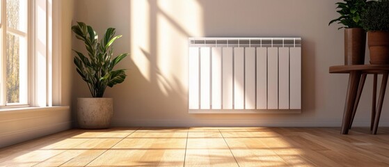 Interior design featuring modern radiator next to window and potted plant in a sunlit room showcasing home comfort and style