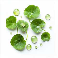Obraz premium Centella Asiatica leaves (commonly known as Gotu Kola) with water droplets scattered across them. It emphasizes the natural beauty and freshness of the plant, often associated with skincare, wellness,