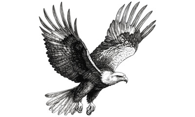 Vintage Ornithology Sketch, Hand-drawn Golden Eagle in Landing Pose, Antique Monochrome Wildlife Engraving, Bird of Prey, Etching Style, Rustic Nature Art, Retro Animal Illustration