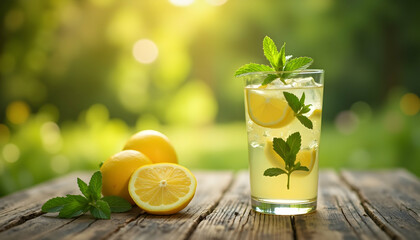 Fototapeta premium Refreshing Lemonade with Mint on Wooden Table