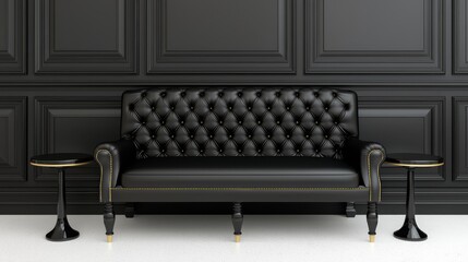 Elegant black leather couch and chair set with gold trim luxurious seating for sophisticated living spaces