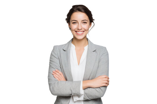 Smiling professional woman in grey business blazer with arms crossed, PNG