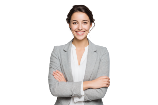 Smiling professional woman in grey business blazer with arms crossed, PNG - Powered by Adobe
