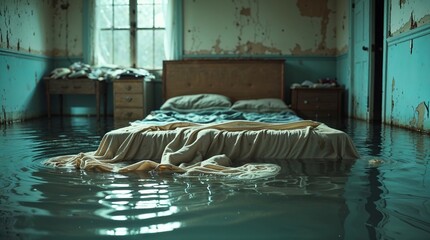 Flooded bedroom with submerged furniture and waterlogged bed in abandoned house