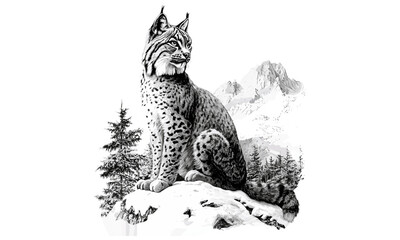 Trendy vintage lynx in snow, hand-drawn wildcat art, monochrome sketch in old engraving style, winter forest wildlife print, wilderness animal wall decor, rustic cabin artwork, © Vintage Studio