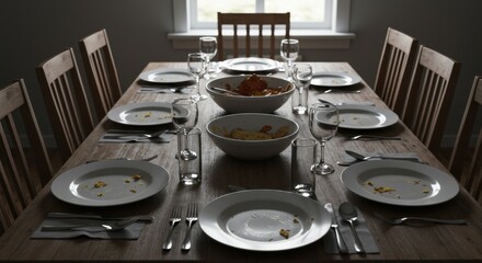 Fototapeta premium Dining Table After Meal with Empty Plates and Glasses