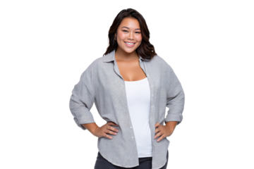 Smiling confident woman in grey casual shirt with hands on hips, PNG