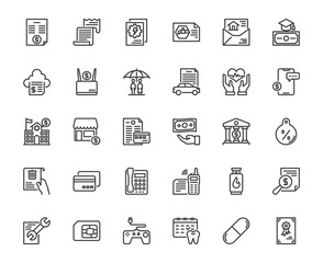 A collection of 30 clean and modern line icons related to billing, finance, and services. his icon set includes elements such as invoices, receipts, insurance. 48x48 pixel perfect editable stroke