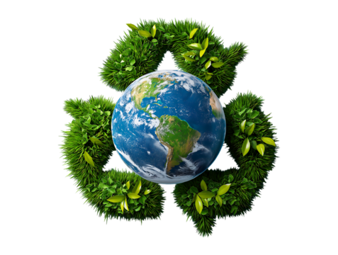 3D Earth with green arrows around it, inside the grass in the shape of a recycling symbol, isolated on a white background