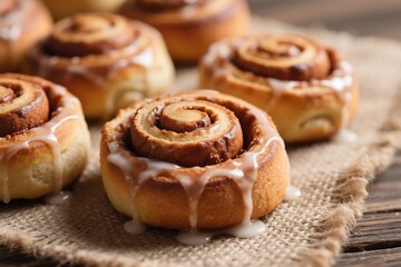 Deliciously baked cinnamon rolls with creamy glaze on rustic burlap and wooden surface
