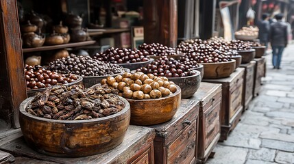 Ancient Asian market displays dried fruits and nuts in wooden bowls