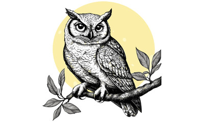 Vintage hand-drawn owl illustration on tree branch, monochrome wildlife art, old engraving style, forest decor, night bird sketch, rustic nature wall art, woodland prints,