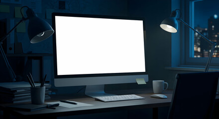Fototapeta premium Blank computer screen late night work office mockup design template