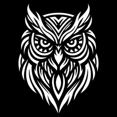 Obraz premium Tribal Owl Head Illustration Tribal Owl Head Vector Illustration - Stylized Black and White Owl Design for Logos, Tattoos, or Prints