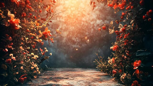 Enchanting pathway framed by lush, red blooming plants, bathed in warm, mystical light