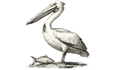 Vintage hand-drawn pelican with fish in beak, monochrome ocean bird etching, old engraving style, antique wildlife art, coastal decor, sea creature sketch, trendy nature illustration, nautical print