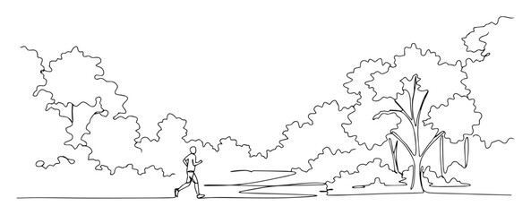 minimal line art of park scene with walking person and trees