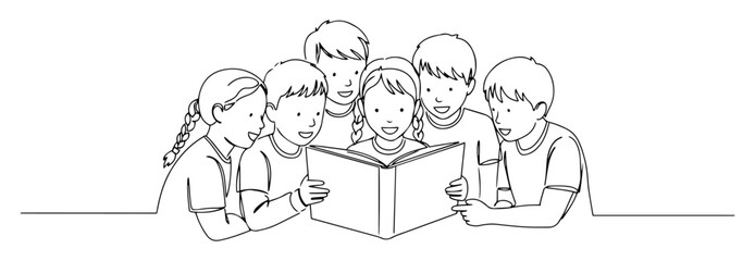 children reading book together in group monoline shape vector