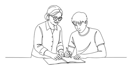 teacher helping student with assignment monoline shape vector