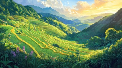 Obraz premium Lush terraced rice paddies, vibrant landscape
