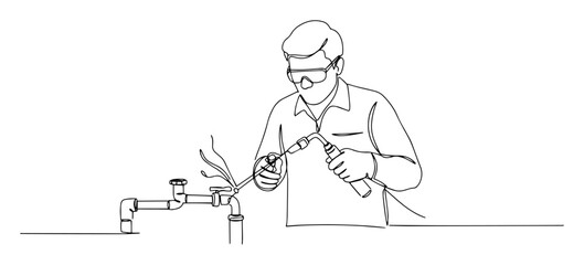 worker welding pipe with torch flame monoline shape vector