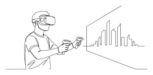 man using vr headset with virtual city monoline shape vector