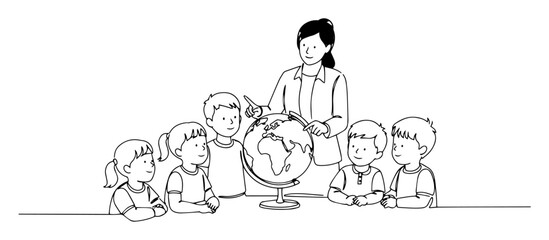 teacher showing globe to children in classroom abstract line art vector illustration in minimalist geometric fashion