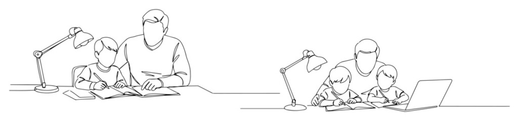 parent helping child with homework at desk abstract linear design