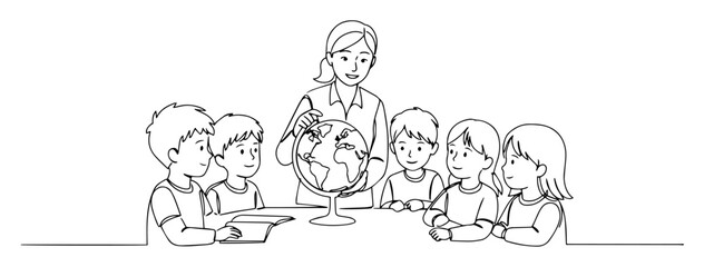 children exploring globe with teacher in classroom abstract continuous line art in a vector format with a simple black outline