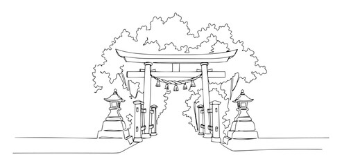 torii gates leading to forest shrine in japan abstract continuous-line silhouette