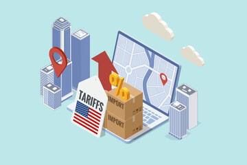 Isometric vector showing shipping containers, money, and a clipboard labeled Import Tariff, representing the financial impact of international trade duties. Import tariffs, trade war and economic
