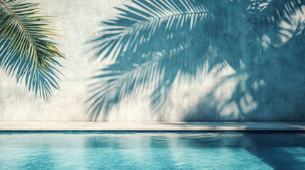 Summer scene with a palm leaf shadow cast over a poolside concrete wall, representing tropical luxury and outdoor design