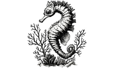 Seahorse on coral hand-drawn illustration, vintage etching style marine animal, monochrome ocean art, black sketch nautical decor, coastal beach print, retro seahorse drawing, trendy coastal design