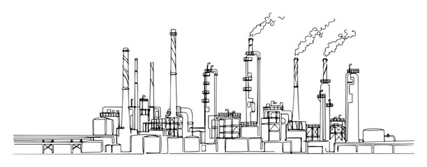 large industrial refinery complex with chimneys abstract monoline drawing clean modern vector line art