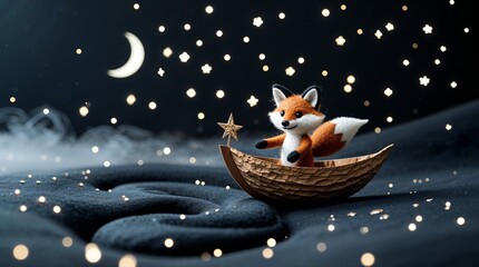 Whimsical fox in a boat sailing through a starry night on a calm sea