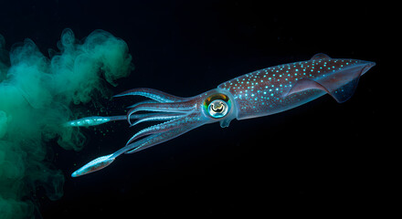 Bioluminescent Squid Ink in Dark Ocean