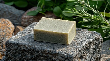 Textured soap bar rests on gray rock; plant backdrop
