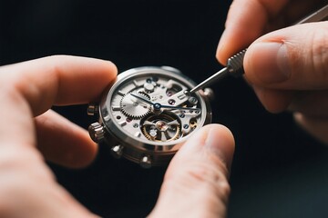 Watchmaker using tools to repair a mechanical watch close up on black background