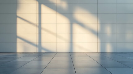 Empty room with sunlight shadows on tiled walls and floor